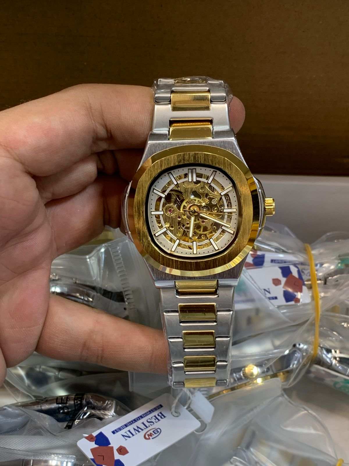 Men’s Luxury Skeleton Watch – Gold & Silver Two-Tone Automatic Style Wrist Watch - Image 5