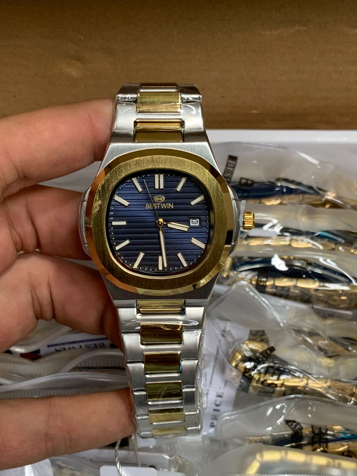 BESTWIN Men’s Automatic Skeleton Watch – Blue Dial Gold & Silver Two-Tone Bracelet - Image 6